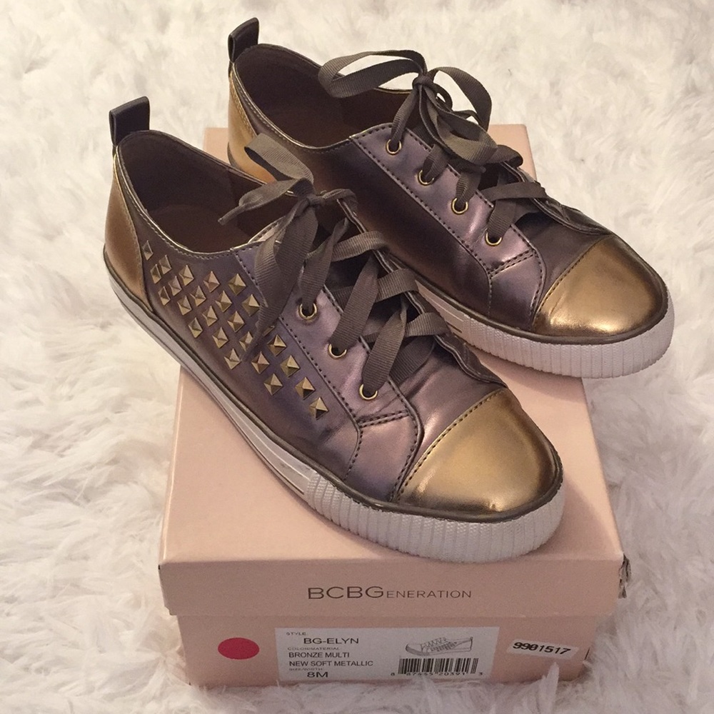 BCBG Brown and Gold Studded Sneakers